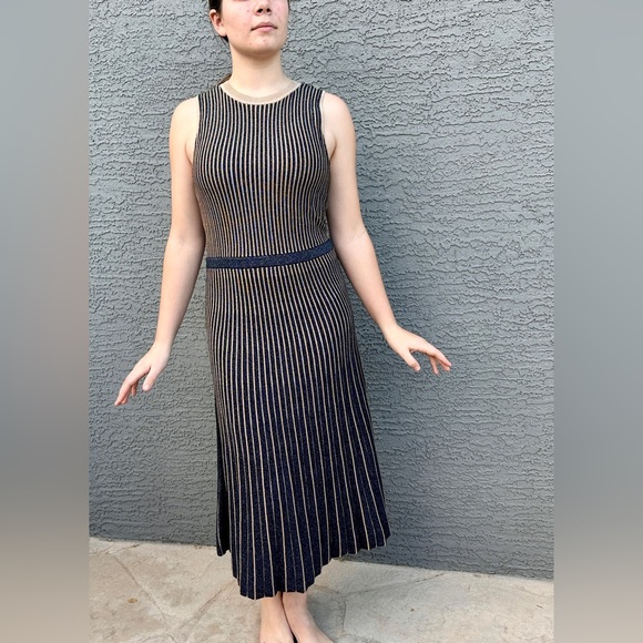Banana Republic Sleeveless Metallic Stripes A-line Midi Sweater Dress Navy/Gold - Picture 4 of 12